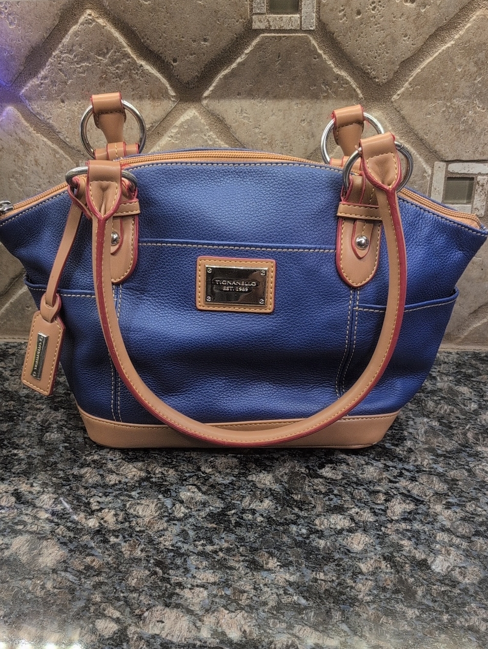 Tignanello Blue Leather Satchel with Tan Trim